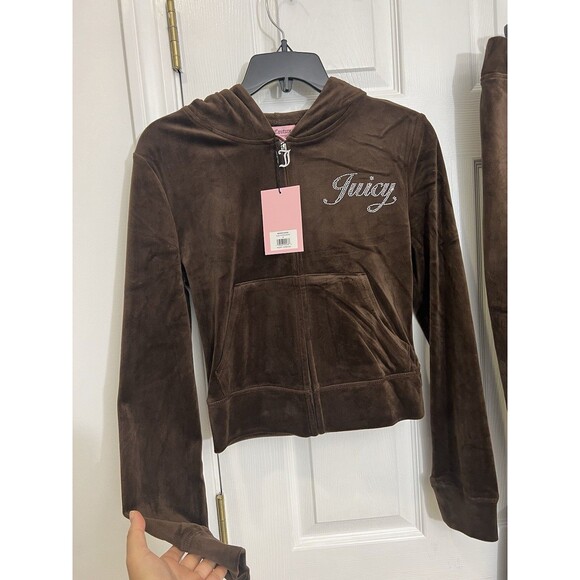 NEW! NWT JUICY COUTURE Velour OG Bling Tracksuit Hoodie & Pant Set Brown Sugar S - Picture 7 of 10